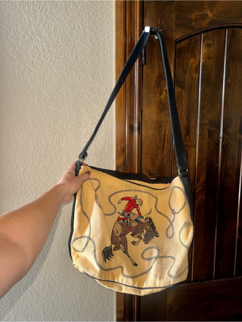 Canvas Western Crossbody Bag in Beige with Rodeo Print